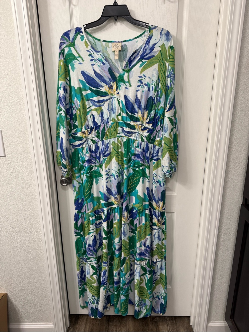 St. John's Bay White Maxi Dress with Blue & Green Floral Print